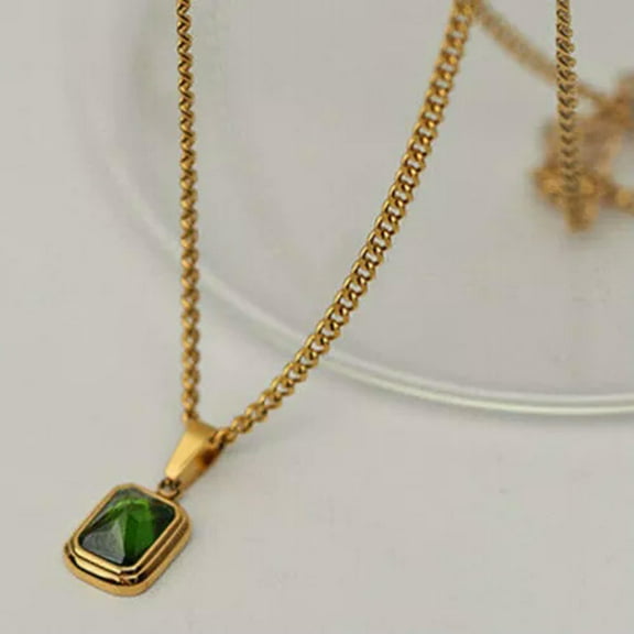 K-KED Woman Gold Plated Stainless Steel Emerald Simulated Diamond Chain Necklace