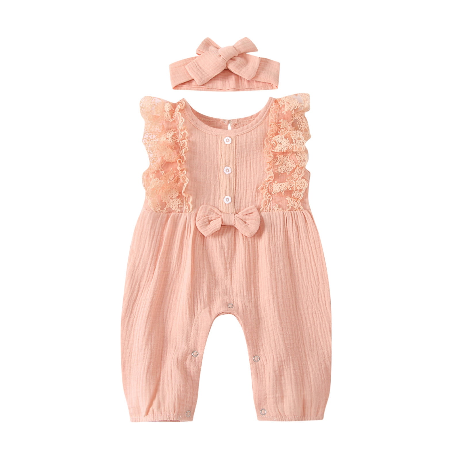 Summer Savings PEZHADA Girls Romper Newborn Infant Baby Girl Cotton Linen Romper Lace Bow Jumpsuit Clothes Pink 90 Walmart