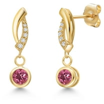 Gem Stone King 14K Yellow Gold Pink Tourmaline and Lab Grown Diamond Earrings for Women | 0.55 Cttw | Gemstone October Birthstone | Round 4MM