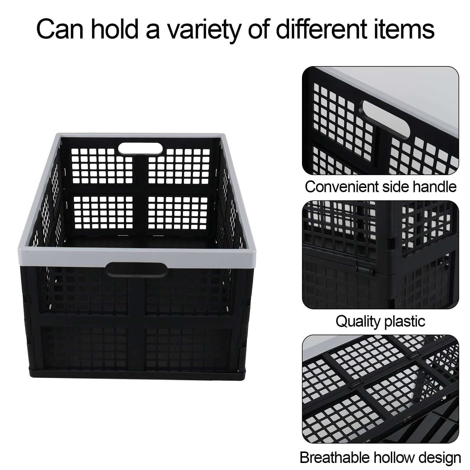 Afromy 66 L Large Stackable Storage Crates, Black Plastic Collapsible Storage Basket, 4 Pack
