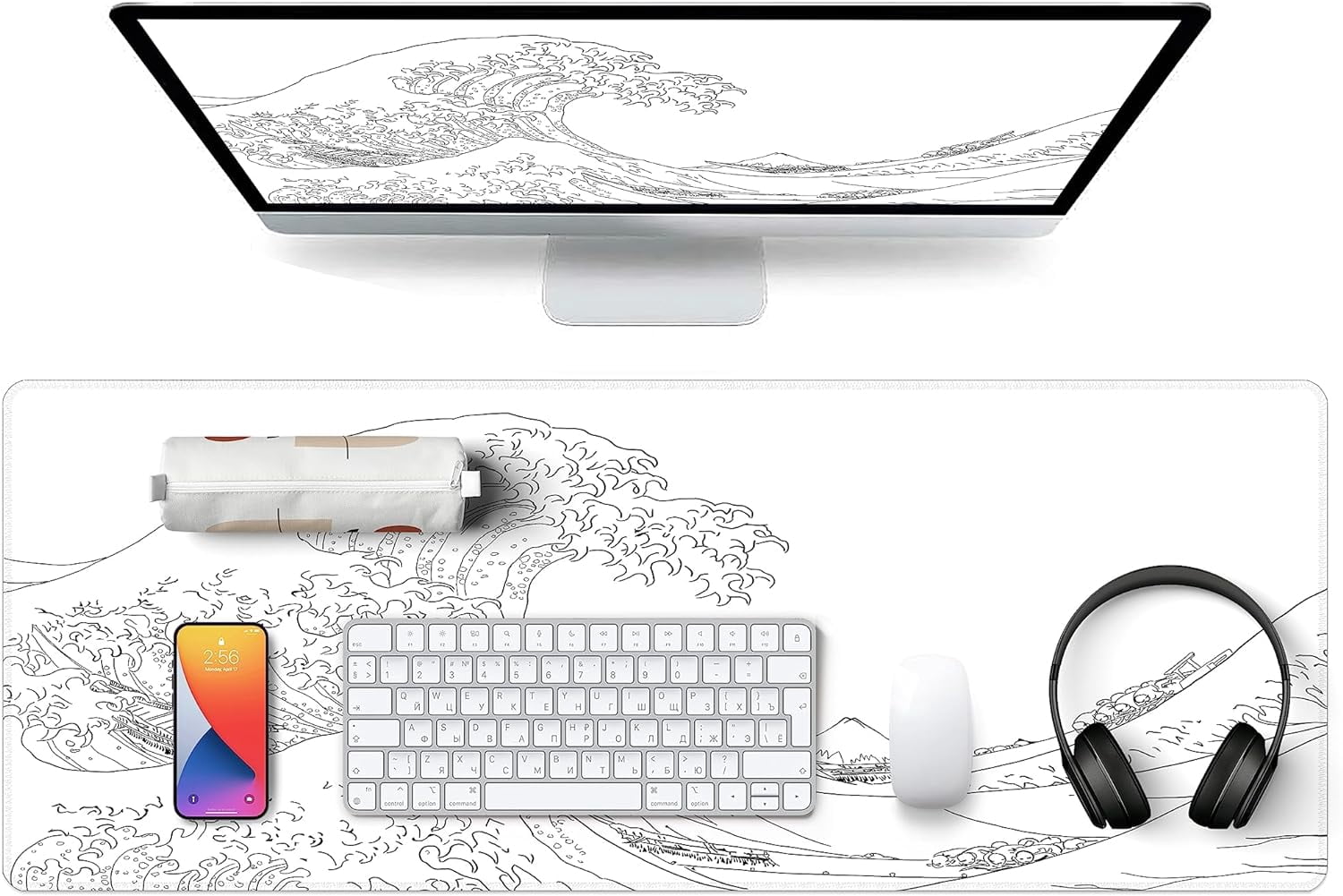 Japanese Sea Wave Large Mouse Pad, Anime White Gaming Mouse Pad XL, Extended Kanagawa Mouse Mat Desk Pad, 3mm Thick Long Non-Slip Rubber Base Mice Pad, 31.5 X 11.8 Inch,White