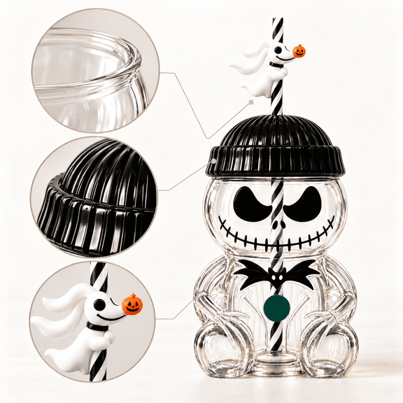 Nightmare Clear Jack Skeleton Tumbler with Ghost Dog Straw Topper, Spooky Sitting Skeleton Cup with Black Ribbed Lid & Striped Straw for Halloween & Christmas Parties