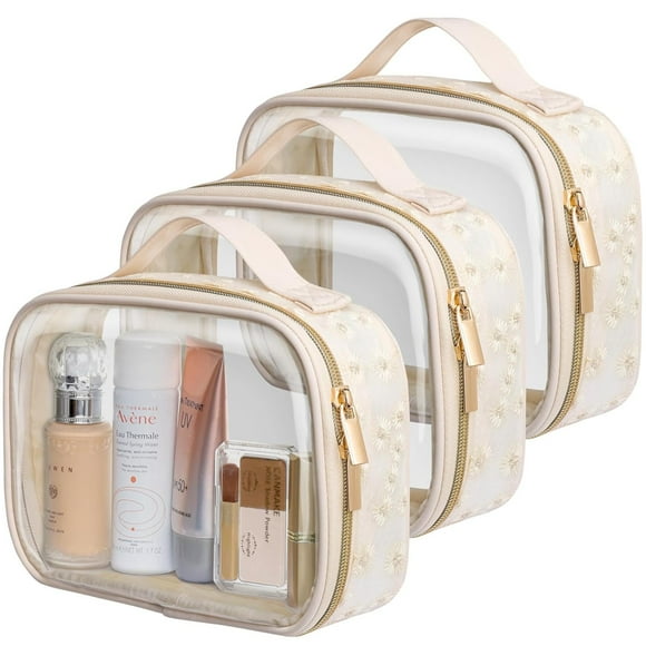 LA-Beige MediumTSA Approved Toiletry Bag - Clear Makeup Bag Waterproof Quart Size Bag, Travel Makeup Cosmetic Bag for Women Men, Carry on Airport Airline Compliant Bag, 3 Pack, Black