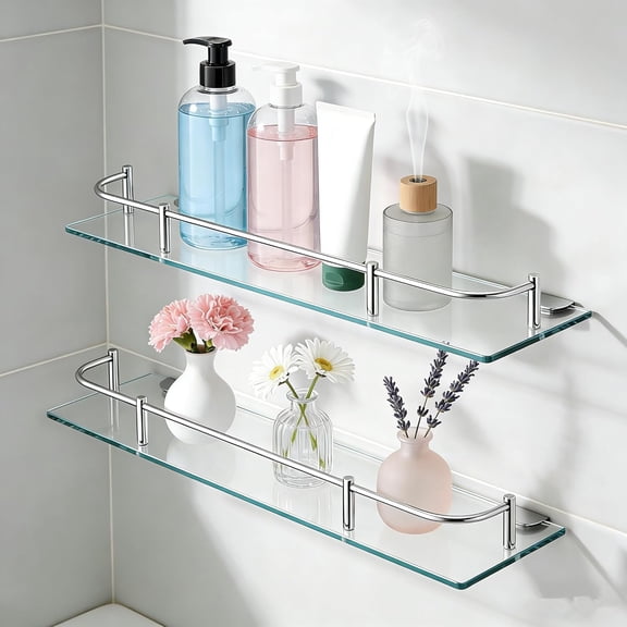 Glass Bathroom Shelves, Rectangular Tempered Glass Floating Shelves for Wall with 304 Stainless Steel Rail and Zinc Alloy Bracket, 2 Pack