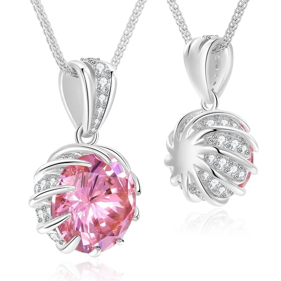 CeaKIev S925 Sterling Silver 6.0 Carat Pink CZ Pendant Necklace, 18K White Gold Plated, Adjustable 18" 2"