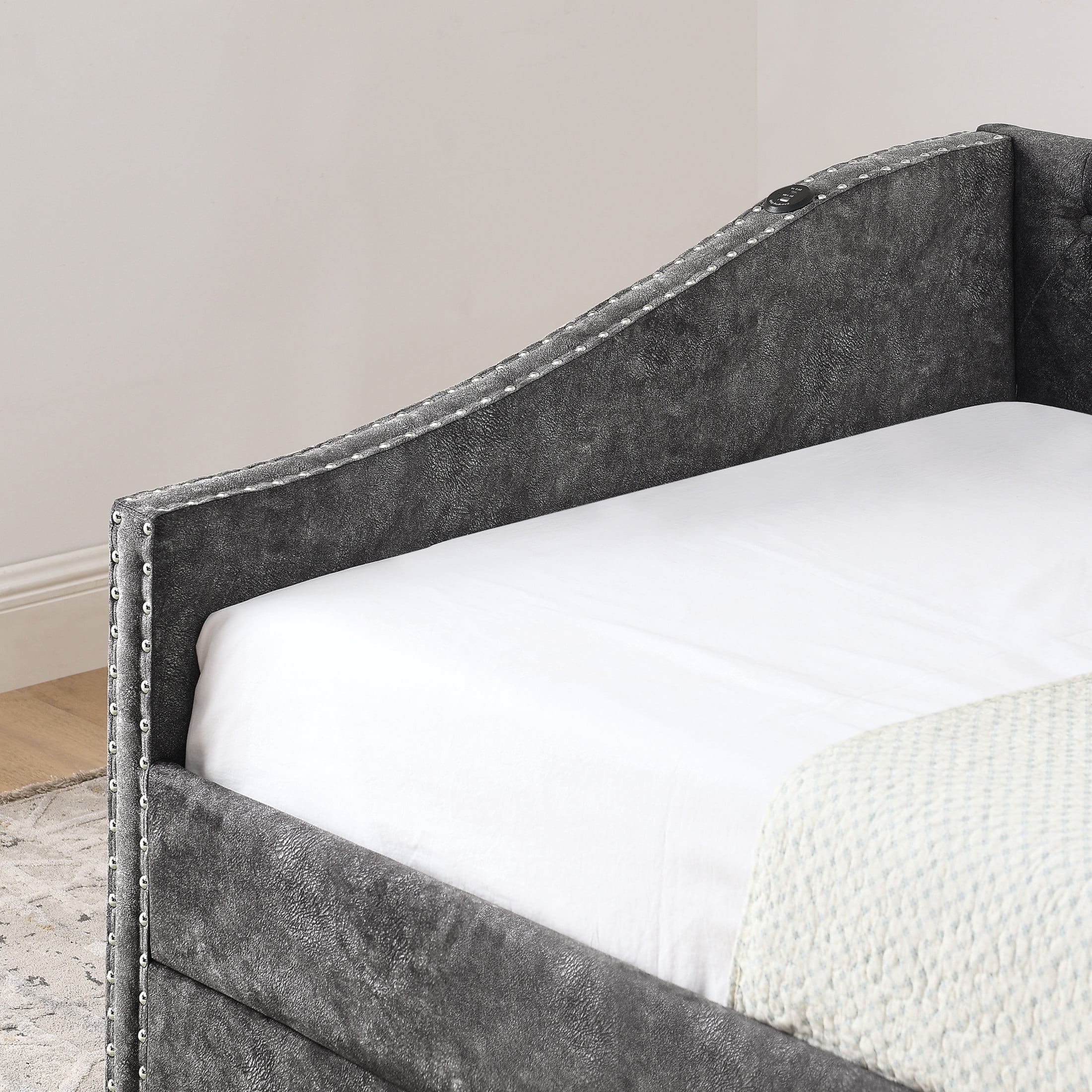 Noble House Liza Twin Size Upholstered Tufted Daybed, Extendable Pull-out Double Bed Frame with Charging Port, Grey