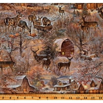 Cotton First Frost Cabins Barns Deer Winter Scenic Forest Woods Woodland Brown Cotton Fabric Print by the Yard (DP25381-34)