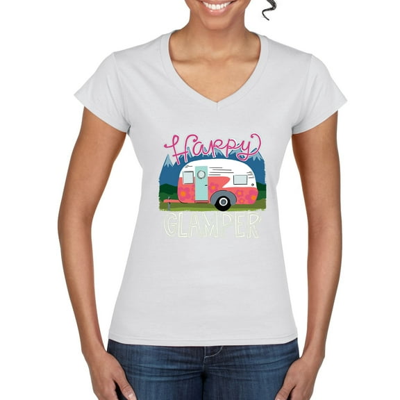 Happy Glamper | Fancy Camping Camper Van Caravan | Nature Lover Women's Standard V-Neck Tee, White, XL