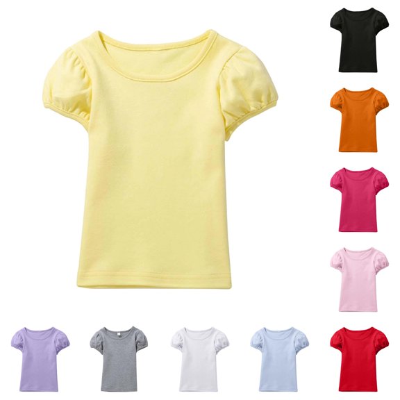 WAYUTE T Shirts for Girls Round Neck Puffy Sleeve Soft Solid Color Cute Top Comfortable Tee for Toddler Kids Trendy Daily Wear Outdoor Casual Tshirt,Yellow