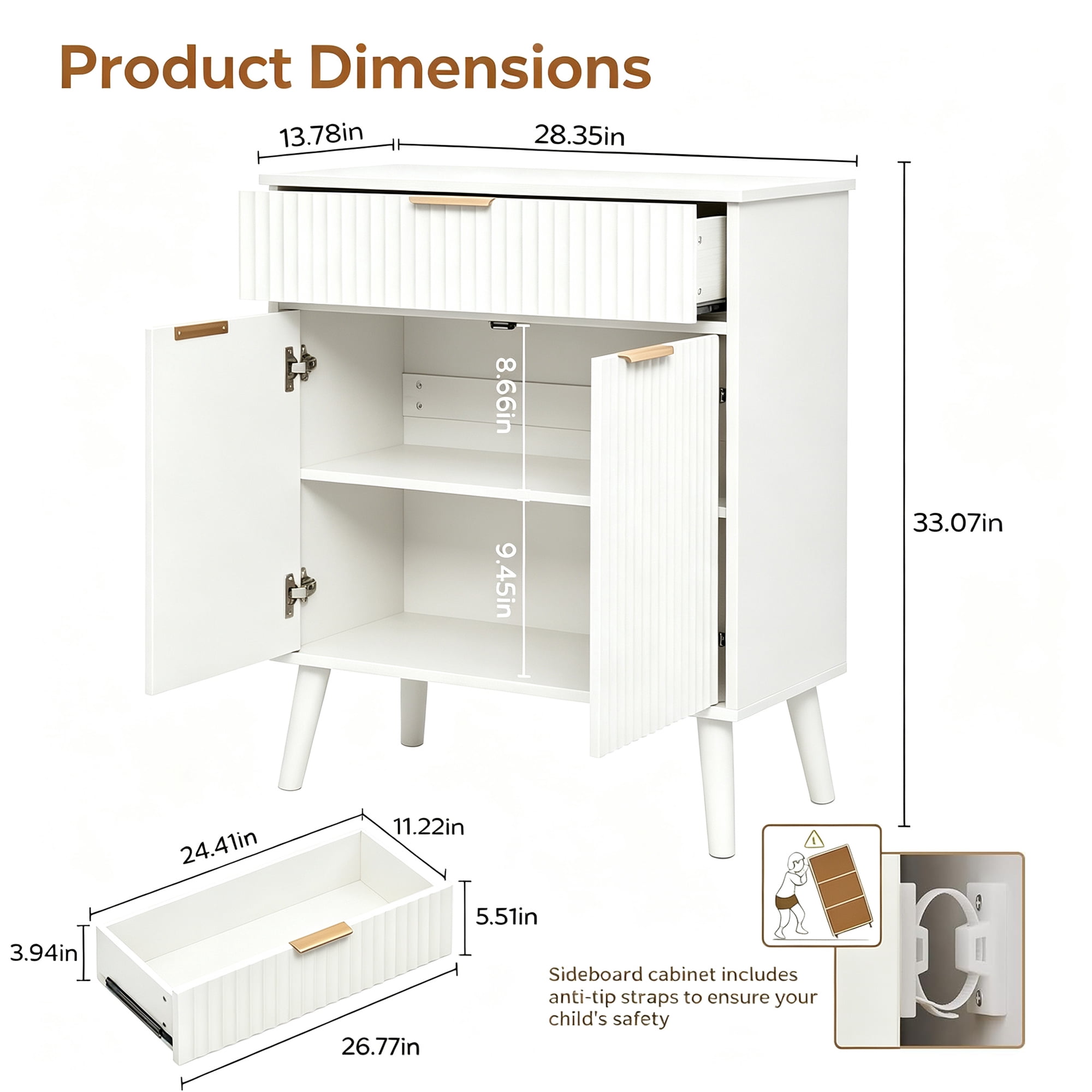 Leumius Kitchen Storage Cabinet with Adjustable Shelves,1 Drawer & 2 Doors,Sideboard Buffet Cabinet with Solid Wood Feet for Living Room, Kitchen, Entryway, White