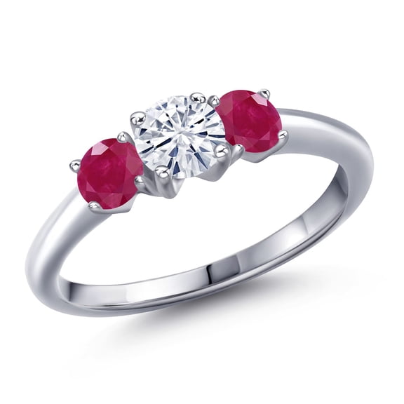Gem Stone King 925 Sterling Silver White Moissanite and Red Ruby Engagement Ring for Women | 1.20 Cttw | Round 5MM | Gemstone Birthstone | Size 5