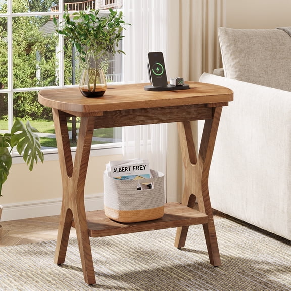 Finmind 2-Tier Solid Wood Side Table, 23.6 inch End Table with Storage, Farmhouse Nightstand for Small Spaces, Living Room, Bedroom, Vintage Brown