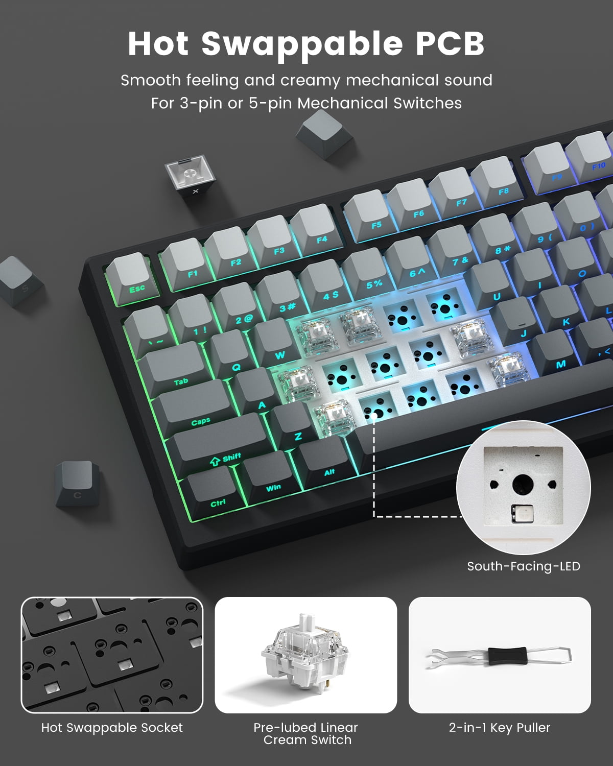 COSTOM Wireless Mechanical Keyboard, Gaming Keyboard with Number Pad, RGB Backlit, Tri-Mode BT5.0/2.4GHz/USB-C, Gasket Mount, Hot Swappable Pre-lubed Linear Switch for Windows MAC Computer