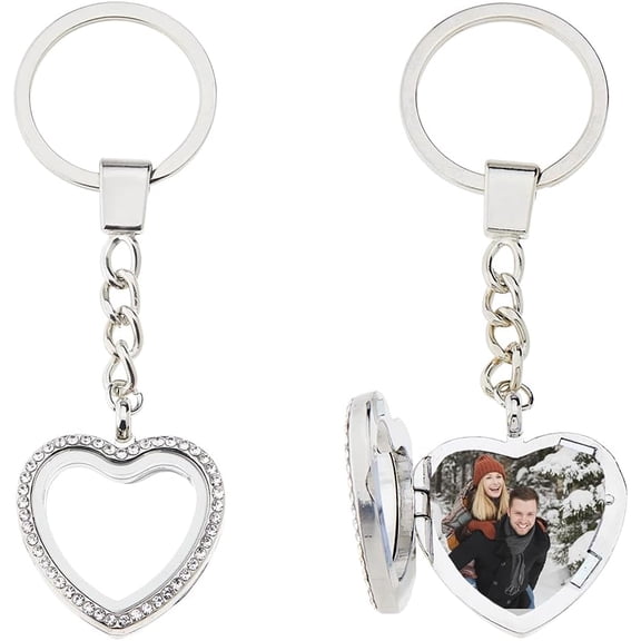 2PCS Heart Locket Keychains Photo Charm Keychains Rhinestone Glass Locket Keychain Photo Keyring Couple Key Chain Memory Locket Keychain DIY Key Cains Gift for Valentine 9.7cm Clear