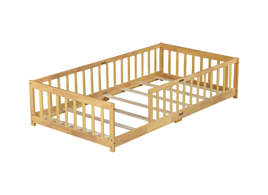 Bellemave Twin Size Floor Beds, Wood Montessori Bed with Fence Railings & Support Slats, No Box Spring Needed (Natural）