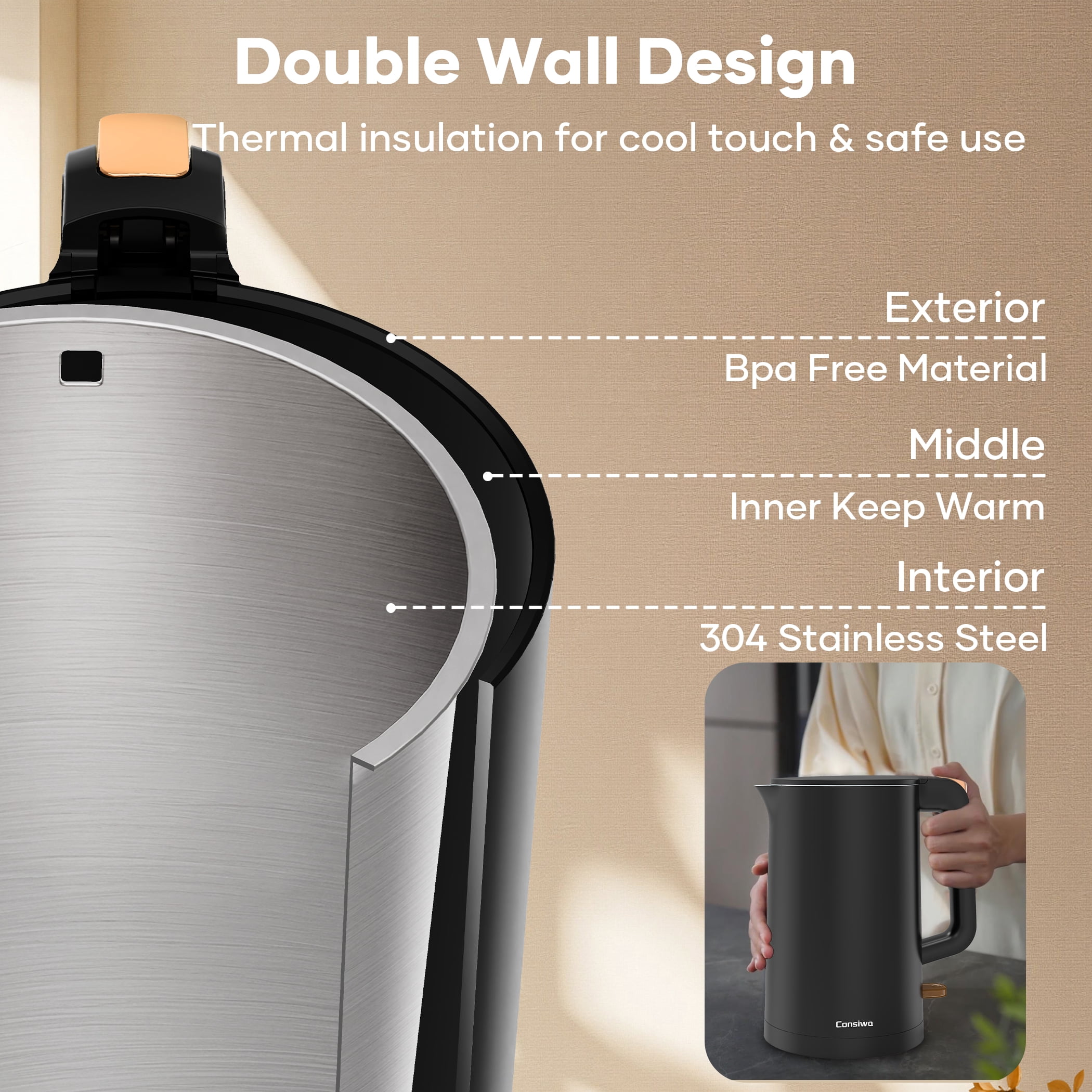 Electric Kettle, Double Wall 1.7L Stainless Steel Cool Touch, Water Boiler & Heater, 1500W Hot Tea Pot, Black