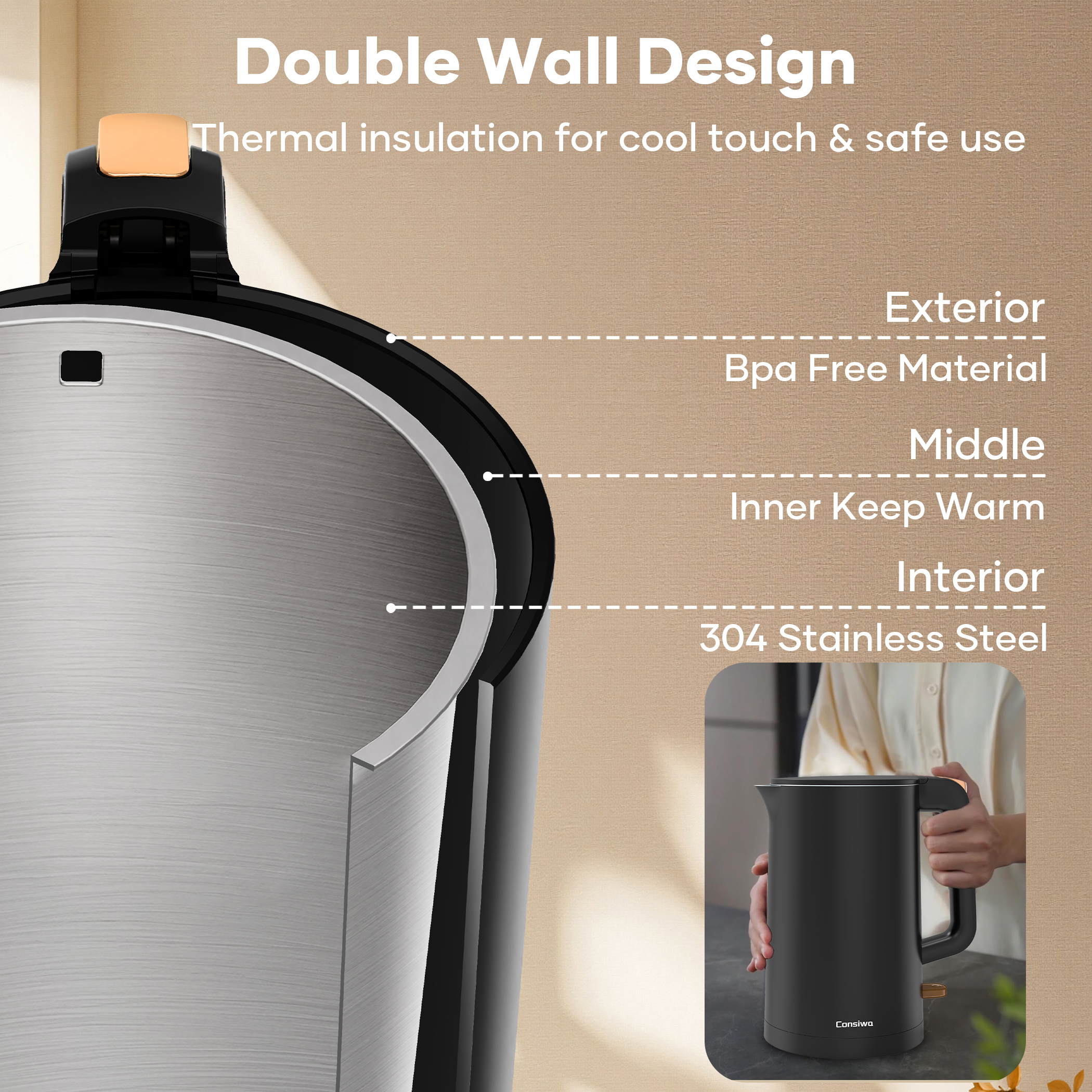 Consiwa Double Wall Electric Kettle, 1.7L, Black photo 2