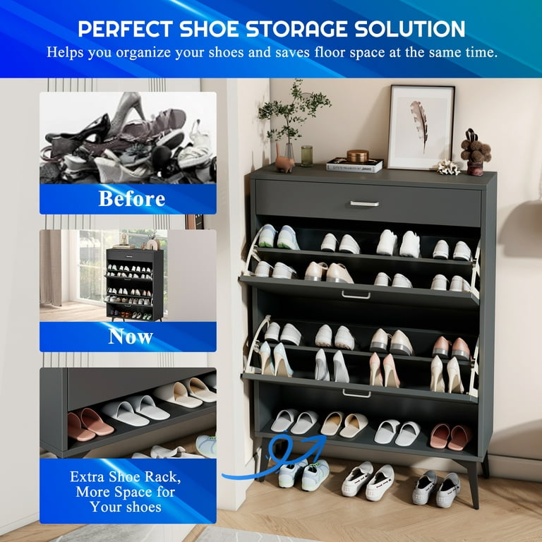 Shoe Cabinet with 2 Flip Drawers and Open Shelf,Free Standing Shoe Racks  Storage Cabinet with Metal Legs,Shoe Rack Organizer Entrance Shoe Storage