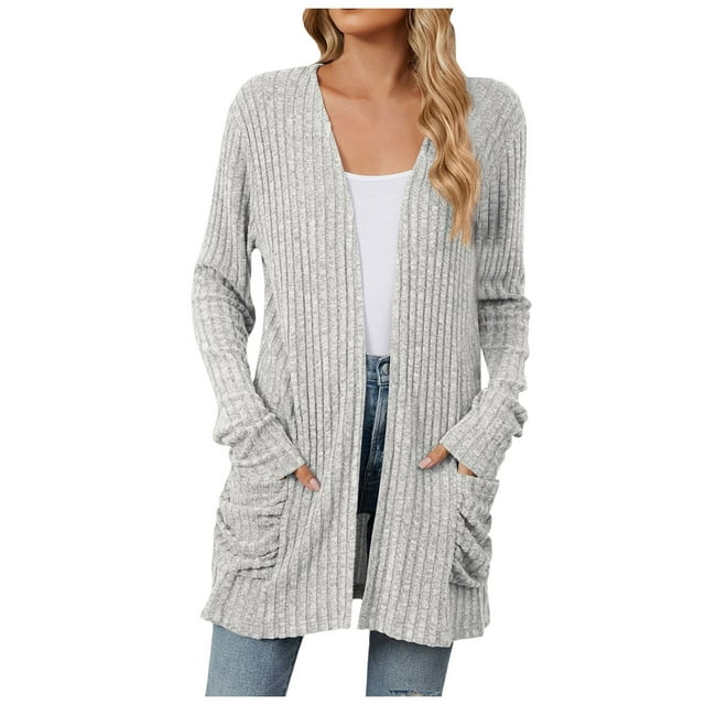 GPOECD Women Fall Solid Color Open Front Cardigan Lightweight Long Sleeve Pure Color Slim Fit Cardigan Outerwear with Pockets B-Light Gray,M