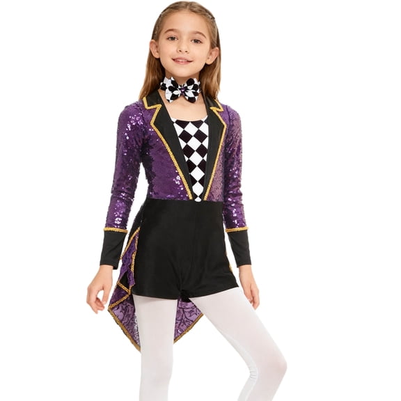YiZYiF Kids Girls Gymnastic Leotard Sequin Ringmaster Bodysuit Costume Purple 6