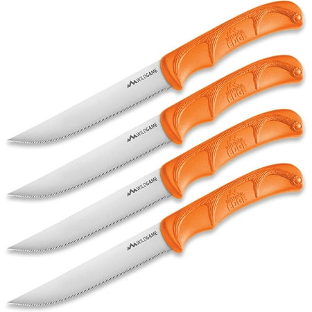 

Wild Game Steak Knives 4-Piece Set with Never-Sharpen Micro Serrated 420J2 Stainless Blades and Elk Horn Textured Black Polymer Handles