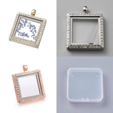 3Pcs 3 Colors Alloy Rhinestones Glass Photo Living Memory Floating Locket Pendants with Glass Cabochons Square Mixed Color