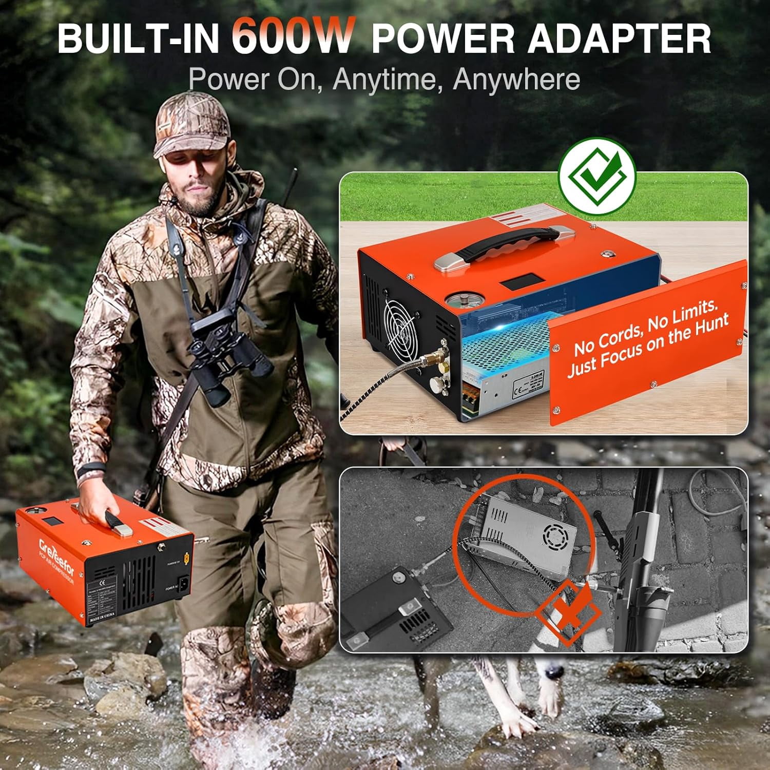PCP Air Compressor 4500 PSI/30 MPa, 350W Oil-Free Portable Air Pump with Auto Shut-Off, 12V DC & 110V/220V AC for Air Rifles and HPA Tanks