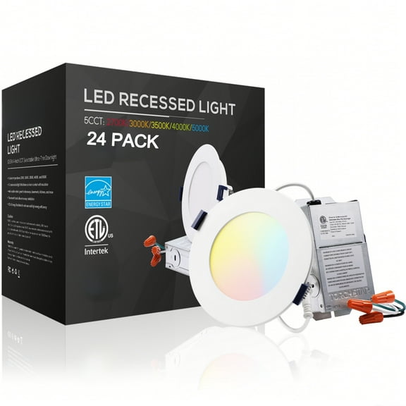 TORCHSTAR 24 Pack 4 Inch LED Recessed Lighting with J-Box, 5CCT Dimmable Ultra-Thin Recessed Downlight, 2700K-5000K Color Temperature Selectable