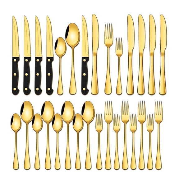 NULAS 24-Piece Gold Silverware Set, Stainless Steel Flatware Set. Includes Steak Knives, Dishwasher Safe for Home & Restaurant, Gifts, Gold.