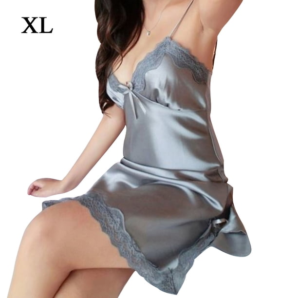 Camisón sexy mujer niña encaje con cuello en v ropa de dormir vestido camisón, gris, xl Eigraketly AP001123-19