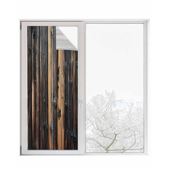 Window Privacy Film Brown Wooden Grain Stained Glass Window Film Decorative Sun Block Window Cover Vintage Chic Shabby Plank Window Clings Static Adhesive Sticker for Bathroom 23.6"x59"