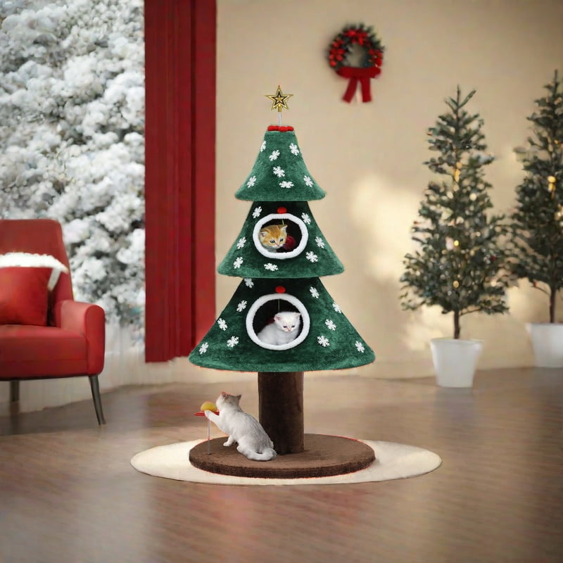 Dextrus 52" Cute Christmas Cat Tree - Festive 2-Tier Cat Tower with Cat Teaser Toy,Kittens Play Activity Center,Cat Furniture for Christmas Decoration