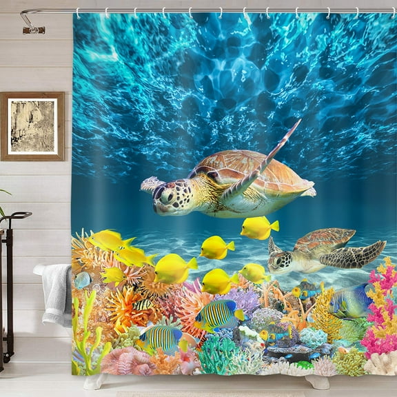Sea Turtle Fabric Shower Curtain, Ocean Under Water World Sea Turtle Tropical Fish Coral Reef Coastal Bath Curtain 70X70 Inch with Hooks Blue Shower Curtain for Bathroom, Fabric Bathroom Accessories