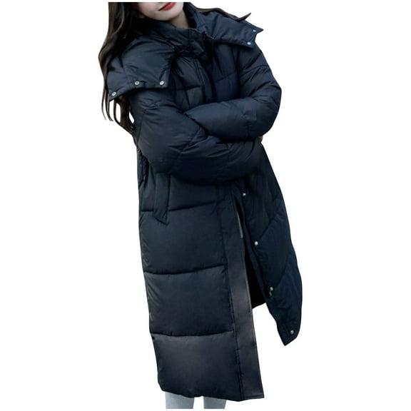 HTNBO Women's Long Puffer Jacket Casual Zip Up Quilted Hooded Thickened Warm Winter Padded Down Coat Outerwear