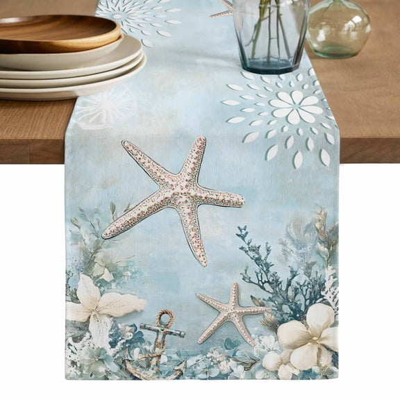 Teal Ocean Coastal Table Runner, Summer Beach Nautical Coral Starfish Washable Cotton Linen Table Runners 36 Inches Long, Dresser Scarf Runner for Nightstand/End Tables/Round Tables 13''x36''