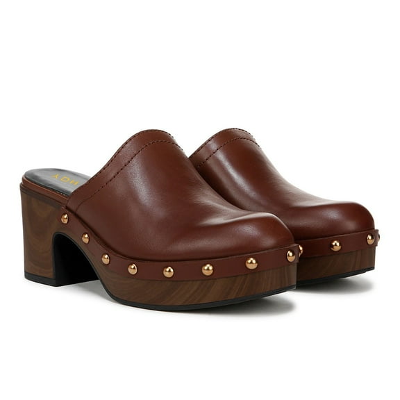 YDN Women Platform Round Toe Slip On Mules Clogs Metal Studded Mid Block Chunky Heels Comfortable Shopping Dressy Slides Pumps Size 7 Brown