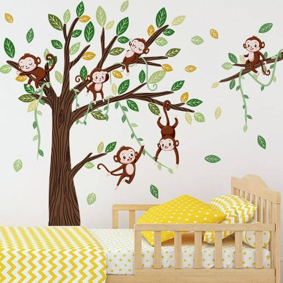 Monkey Climbing Tree Wall Decals Monkey wall decal Jungle Animals Wall Stickers Green Tree Vine Wall Decal Peel and Stick Wall Stickers Kids Baby Nursery Girl Boy Bedroom Playroom Wall Decor