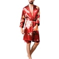 thumbnail image 2 of Dengjunhu 2Pcs Mens Satin Robe Lightweight Silk Spa Bathrobe with Shorts Nightgown Long Sleeve House Printed Bathrobe Set, 2 of 7