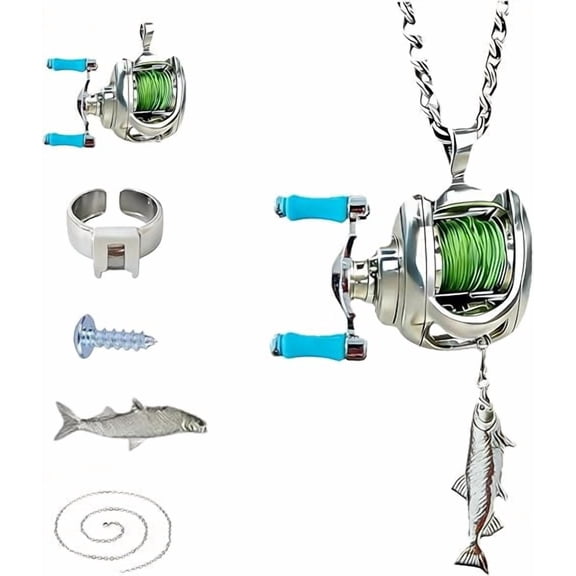 Mini Fishing Reel Necklace, Rotating Handle Moving Line Guide Pendant, Sturdy Metal Craft, Ideal for Anglers Fishing Lovers Daily Casual Wear Birthday Christmas Holiday Gift Use