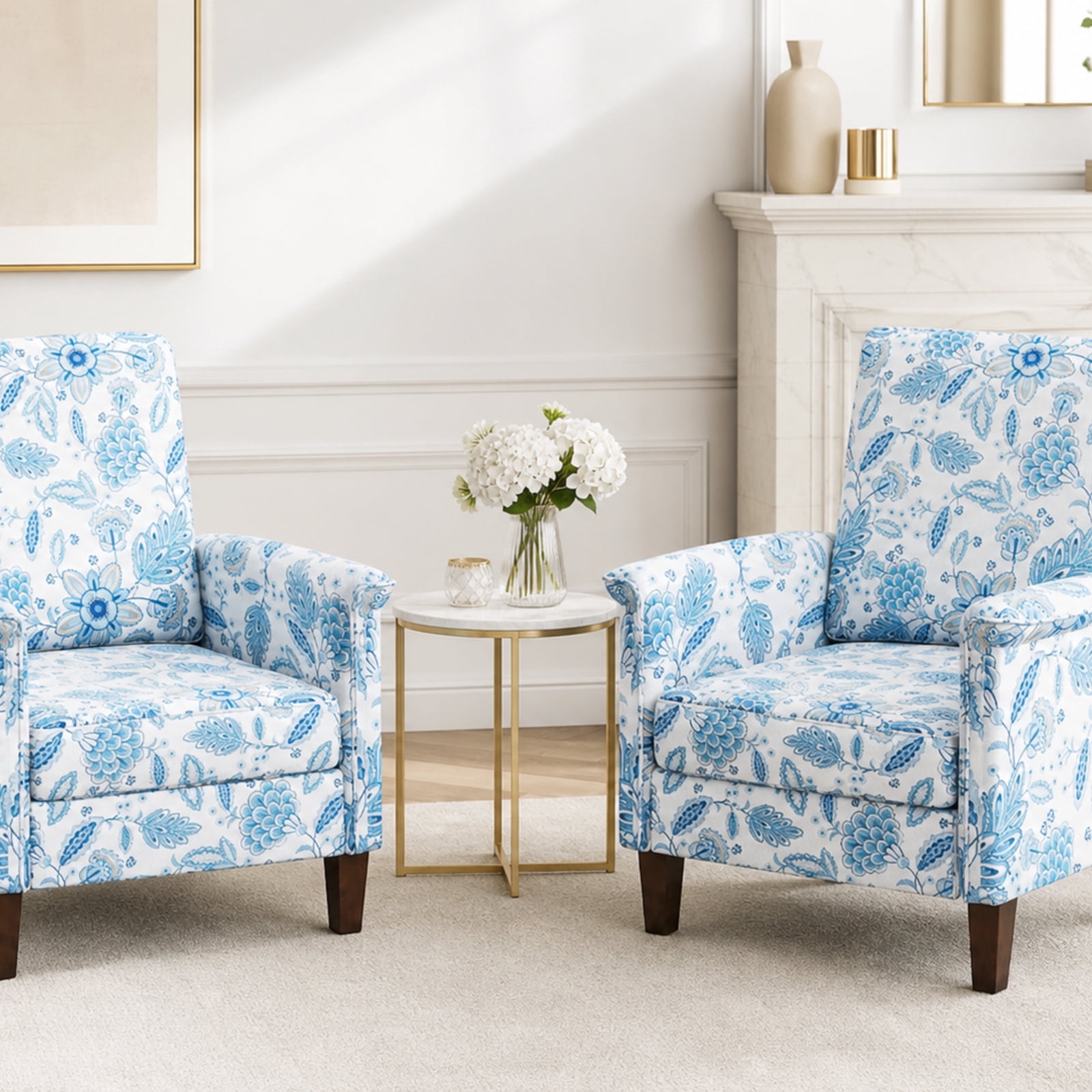 Furnibear Floral Accent Chair Farmhouse Boho Armchair with Solid Wood Legs and High Back for Living Room Bedroom Reading Nook Accent Lounge Home, Blue