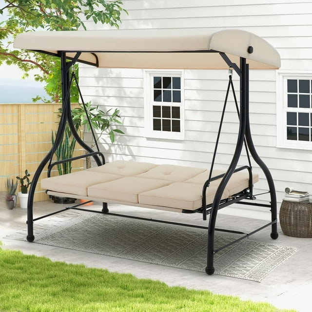 YODOLLA 3 Person Canopy Steel Porch Swing, Converting Swing Glider Hammock-Beige