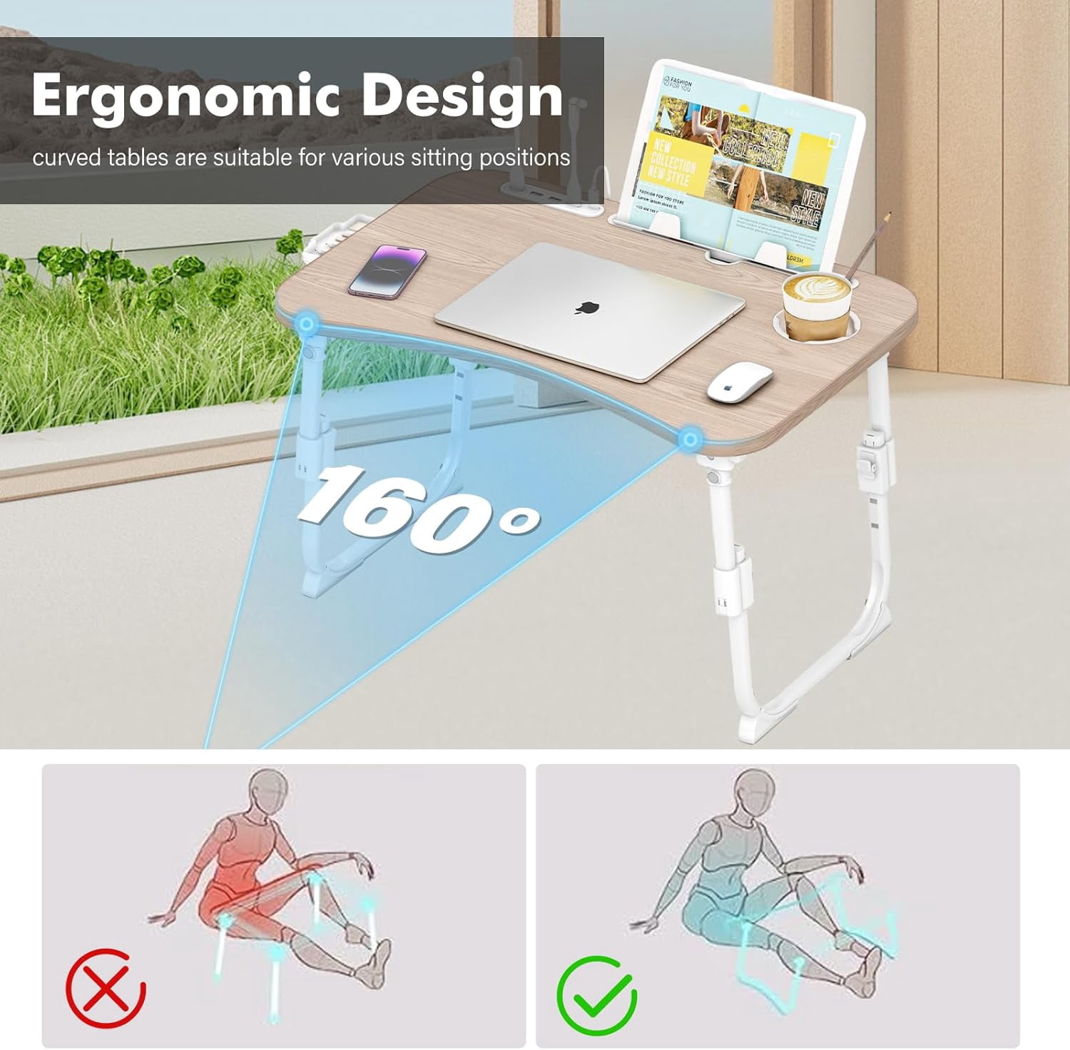 Foldable Laptop Desk,Height Adjustable,with USB/Storage Drawer/Cup Holder/Tablet Stand/Book Shelf for Reading,Writing,Eating,Watching,Glacier