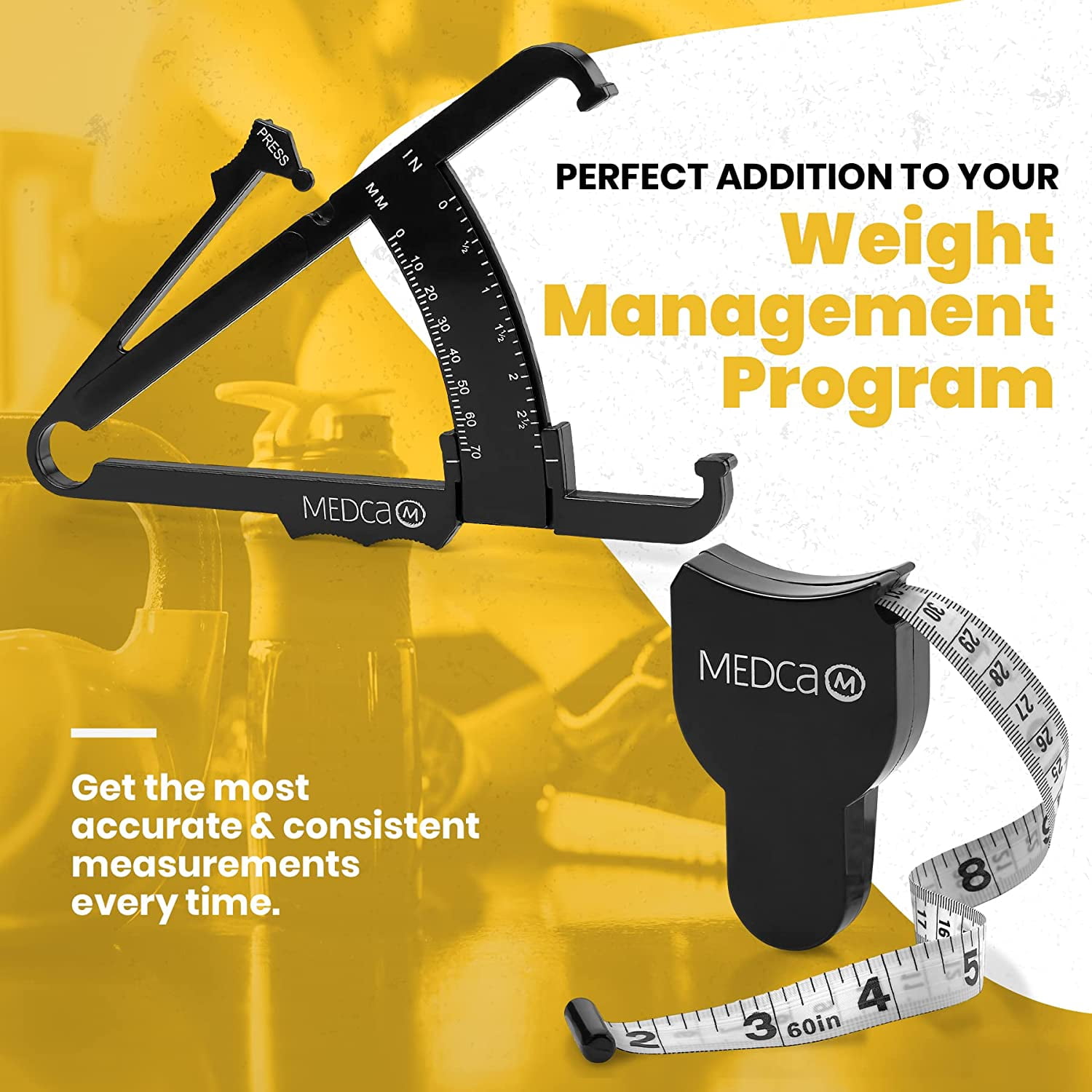 MEDca Body Fat Caliper, Measuring Tape for Body - Pack of 2 Skin Fold Fitness - Plastic, Multicolor