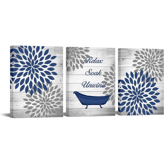Hieng 3s Rustic Floral Canvas Wall Art Dahlia Relax Soak Unwind Painting Artwork for Home Bathroom Decor Navy Blue Flower Picture Print