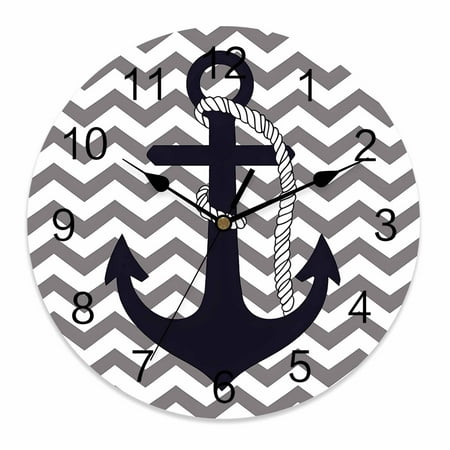 Wall Clock 14 Inch Black Nautical Anchor Round Silent Decorative Wall Clocks Battery Operated for Living Room Bedroom Kitchen Classroom Decor, Gray Waves Stripes,Large