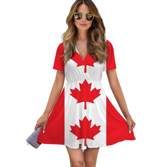 Canadian Flag Women Dress V-Neck Short Sleeve Flowy Swing Party Midi Dress