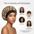 thumbnail image 5 of CNDRLEF 4PCS Luxury Satin Sleep Bonnets - Elastic Wide Band Hair Wrap for Curly & Natural Hair, Extra Room, Shower Cap, Works for All Hair Styles/Lengths (Pink, Leopard, Black, Peacock Green), 5 of 6