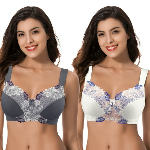 Curve Muse Women's Plus Size Minimizer Wireless Unlined Bra with Embroidery Lace-2Pack-BUTTERMILK,GRAY-34C