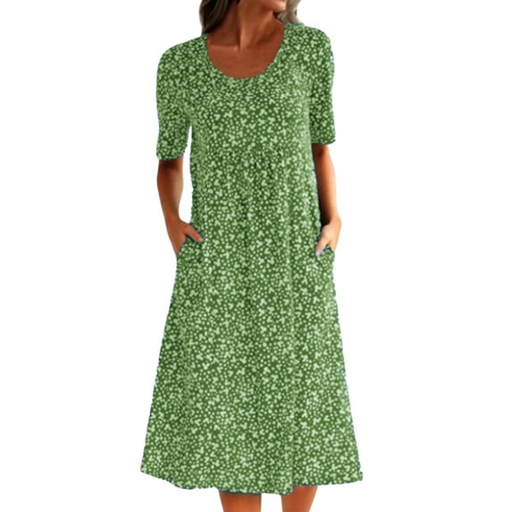 FASHIONWT Women Vintage Easter Printed Short Sleeve Crewneck Midi Pockets Dress