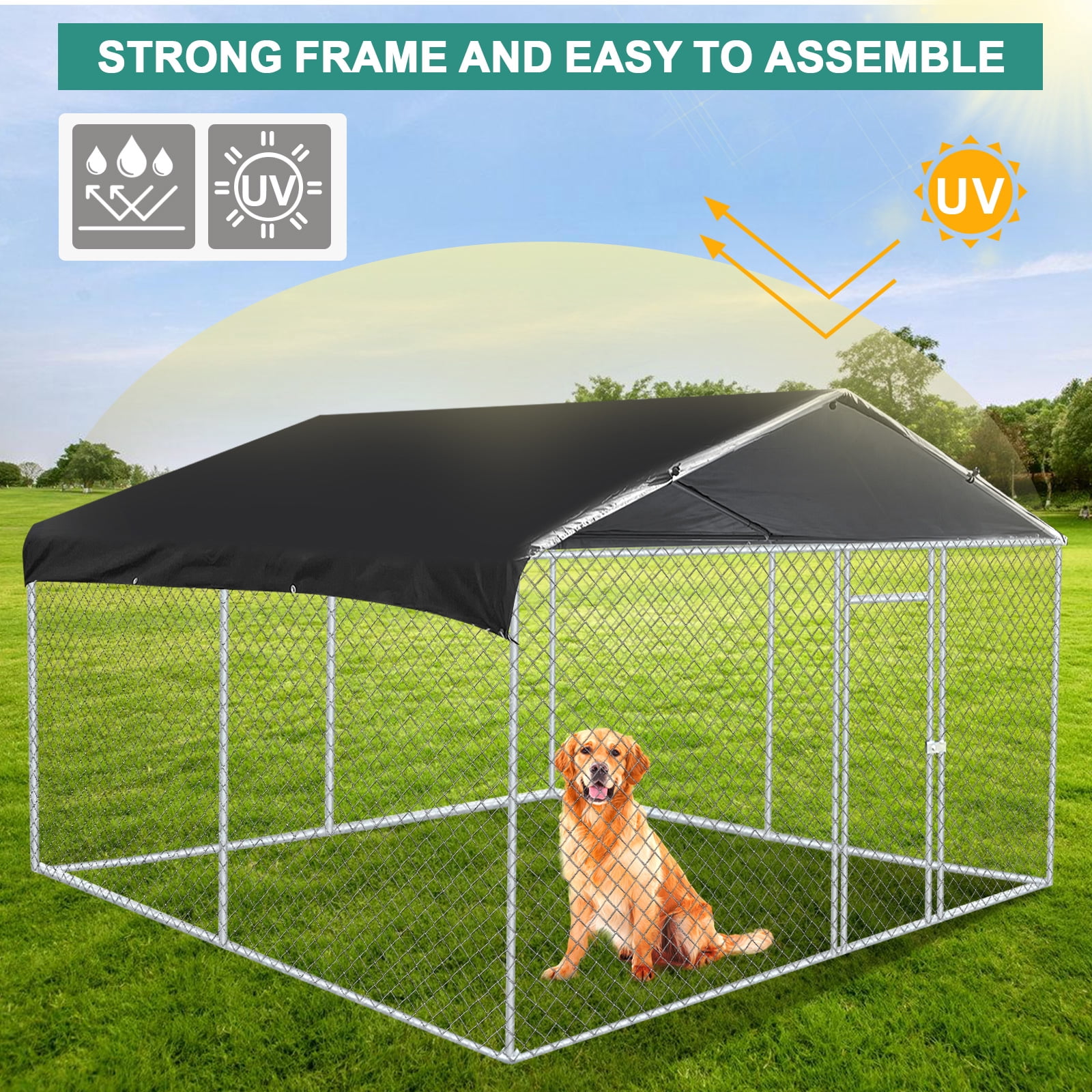 Caulitar 10x10ft Dog Kennel Outside Metal Playpen Outdoor Dog Kennel Poultry Cage with Cover Galvanized Steel Dog Fence with Roof for Heavy Duty Dog Yard